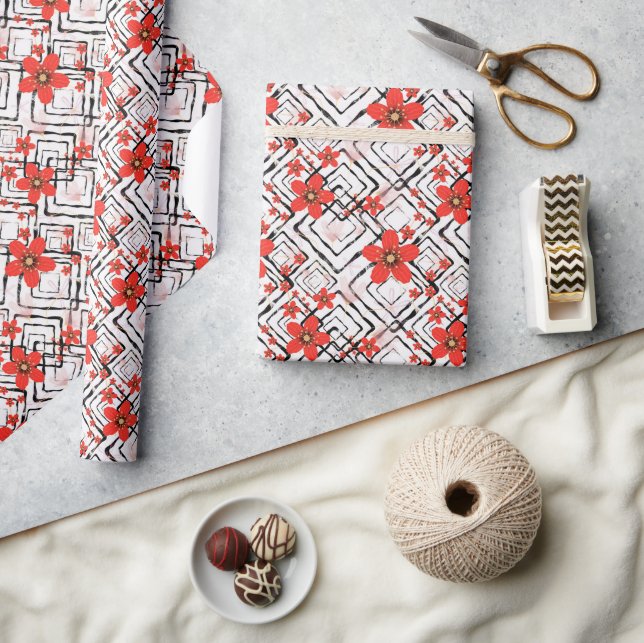 Red flowers on a white, black background. wrapping paper (Crafts)