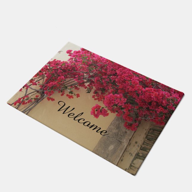 Red Flowers on an Old Building Doormat (Angled)