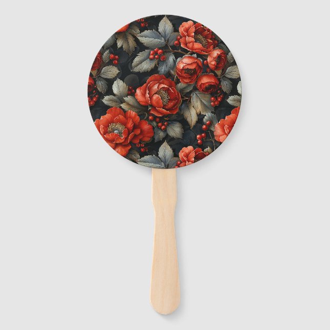 Red flowers on black hand fan (Front)