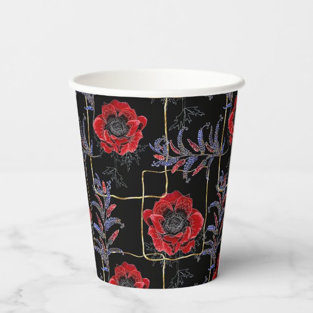 Red flowers on black. paper cups (Back)
