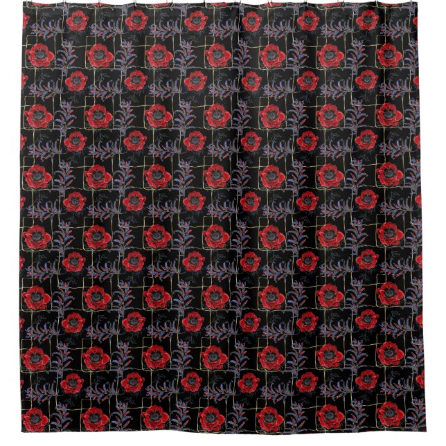 Red flowers on black. shower curtain (Front)