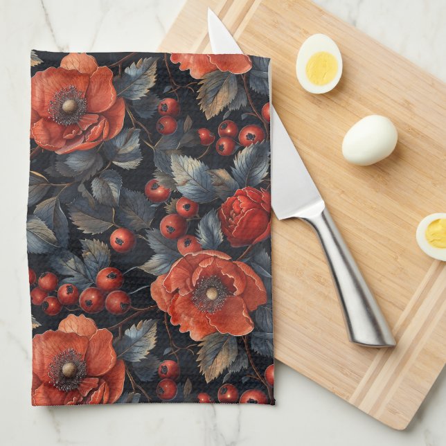 Red flowers on black tea towel (Quarter Fold)