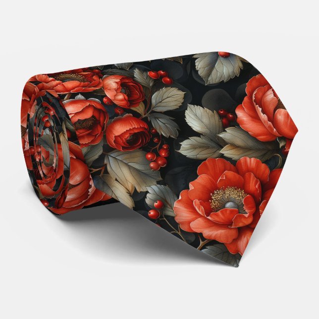 Red flowers on black tie (Rolled)