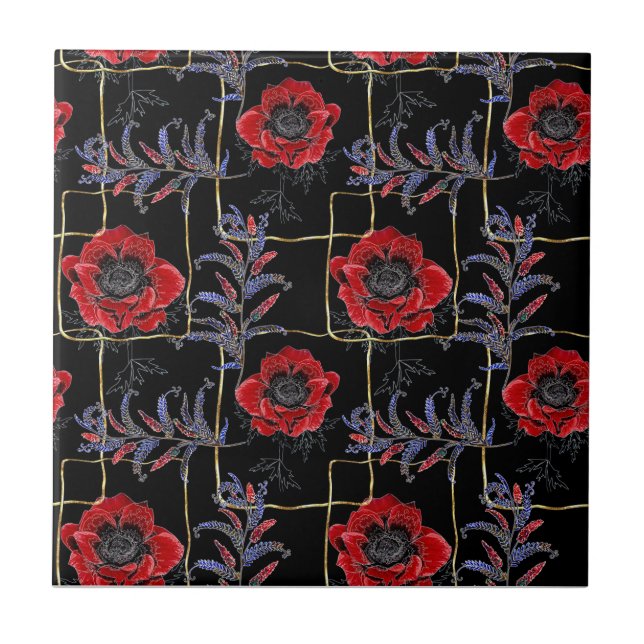Red flowers on black. tile (Front)