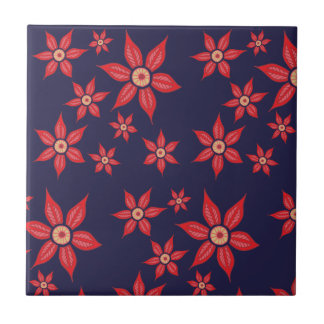 Red Flowers on Blue Ceramic Tile