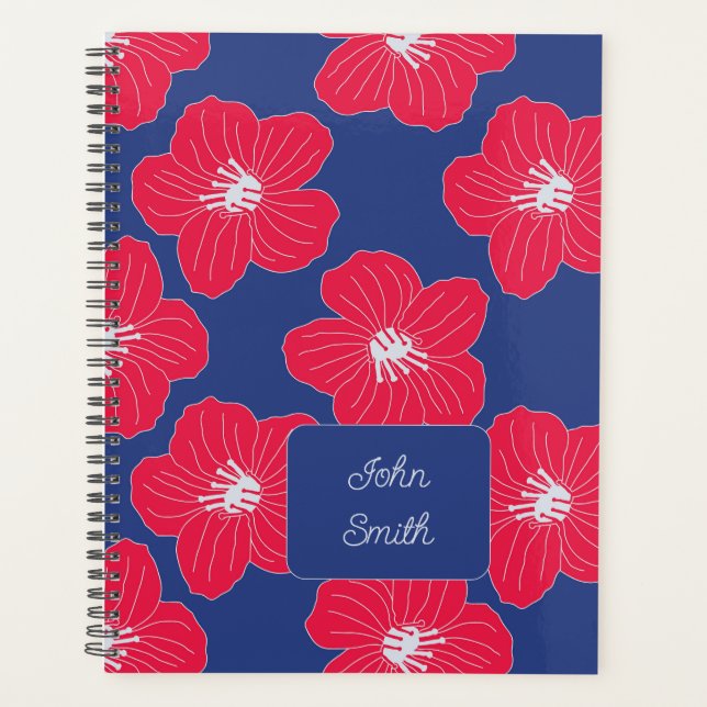 Red Flowers on Blue_ Floral Pattern Script Planner (Front)