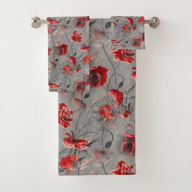 Red Flowers on Dark Grey, Red Poppies Floral Print Bath Towel Set (Insitu)