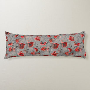Red Flowers on Dark Grey, Red Poppies Floral Print Body Cushion