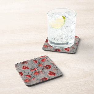 Red Flowers on Dark Grey, Red Poppies Floral Print Coaster