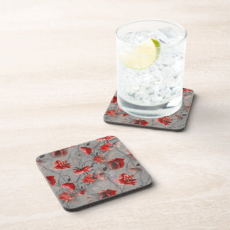 Red Flowers on Dark Grey, Red Poppies Floral Print Coaster