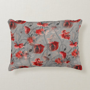 Red Flowers on Dark Grey, Red Poppies Floral Print Decorative Cushion