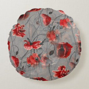 Red Flowers on Dark Grey, Red Poppies Floral Print Round Cushion