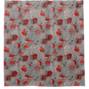 Red Flowers on Dark Grey, Red Poppies Floral Print Shower Curtain