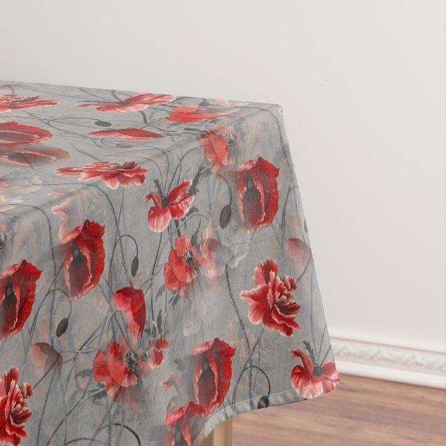 Red Flowers on Dark Grey, Red Poppies Floral Print Tablecloth (In Situ)