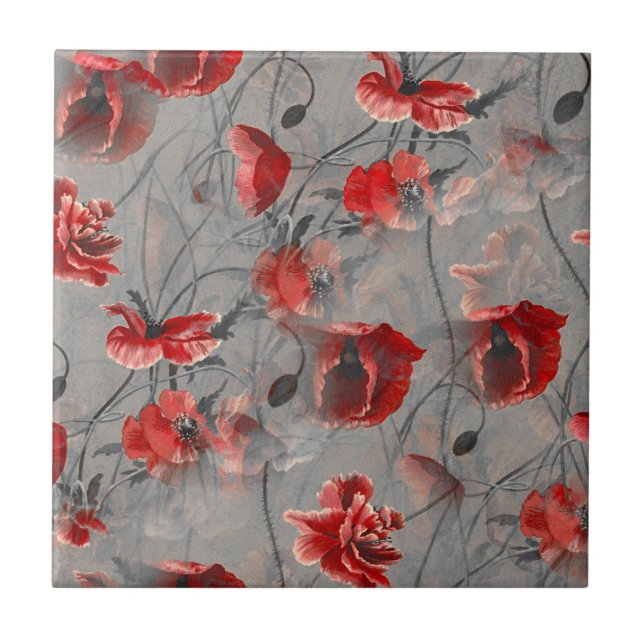 Red Flowers on Dark Grey, Red Poppies Floral Print Tile (Front)
