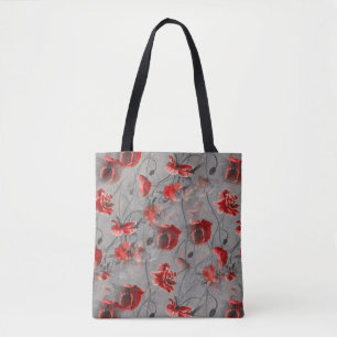 Red Flowers on Dark Grey, Red Poppies Floral Print Tote Bag