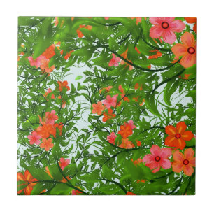 Red Flowers on Green Tile