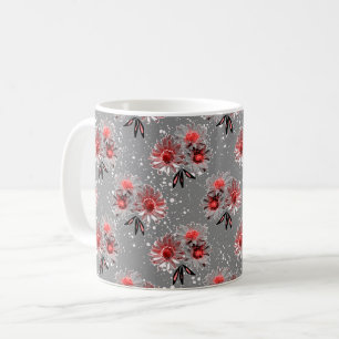 Red flowers on grey coffee mug