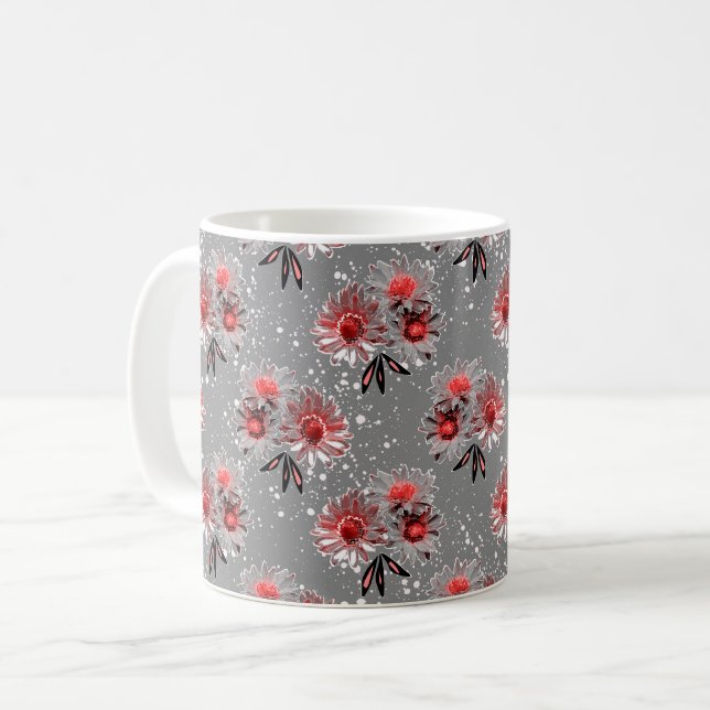 Red flowers on grey coffee mug (Front Left)
