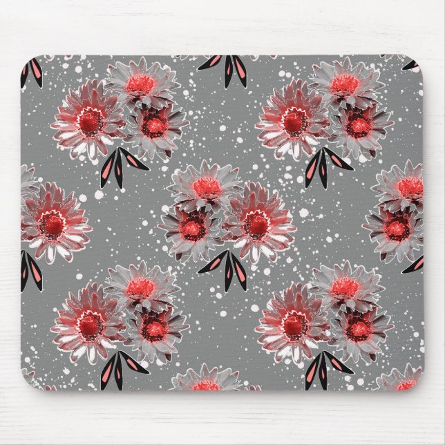 Red flowers on grey mouse mat (Front)