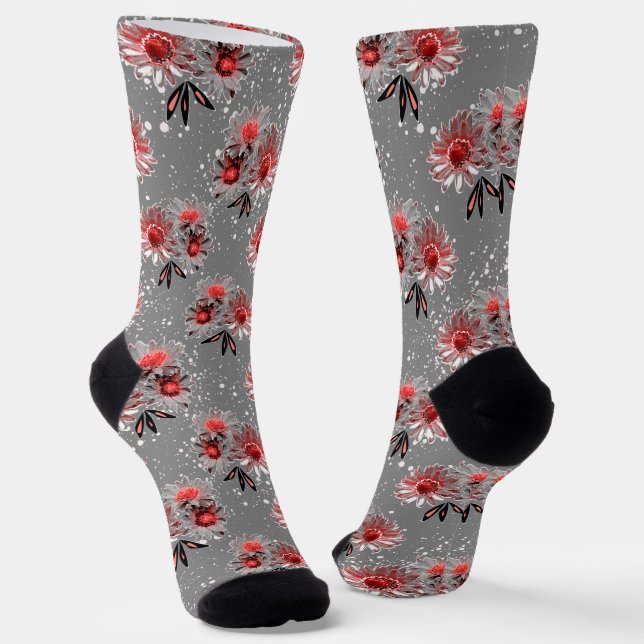 Red flowers on grey socks (Angled)
