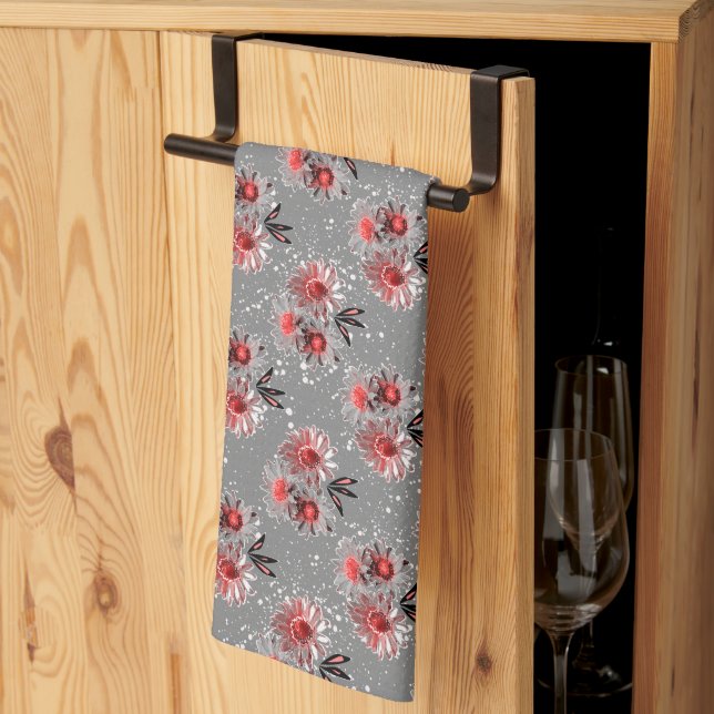 Red flowers on grey tea towel (Thirds Fold)