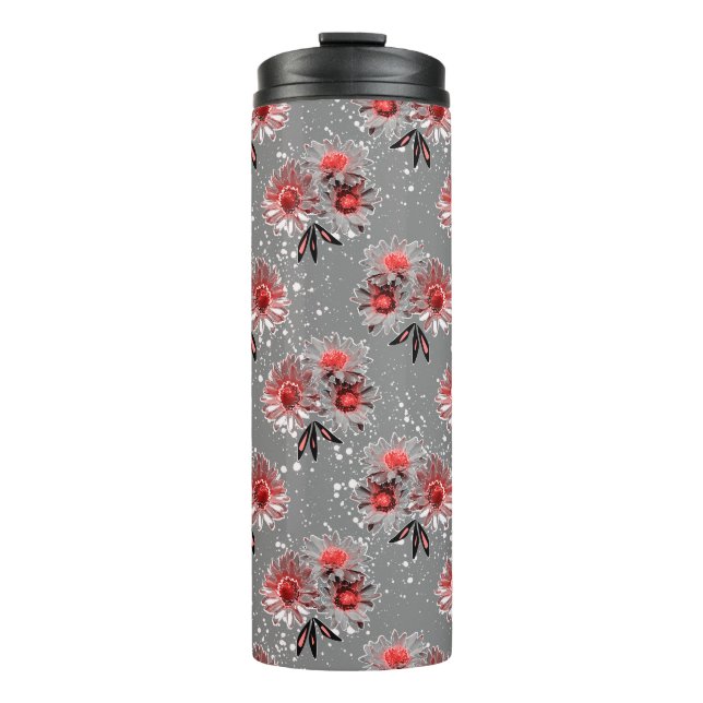 Red flowers on grey thermal tumbler (Front)