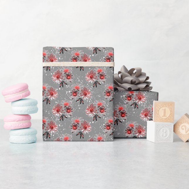 Red flowers on grey wrapping paper (Baby Shower)