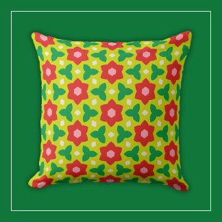 Red Flowers on Modern Lime Green Geometric Floral Cushion