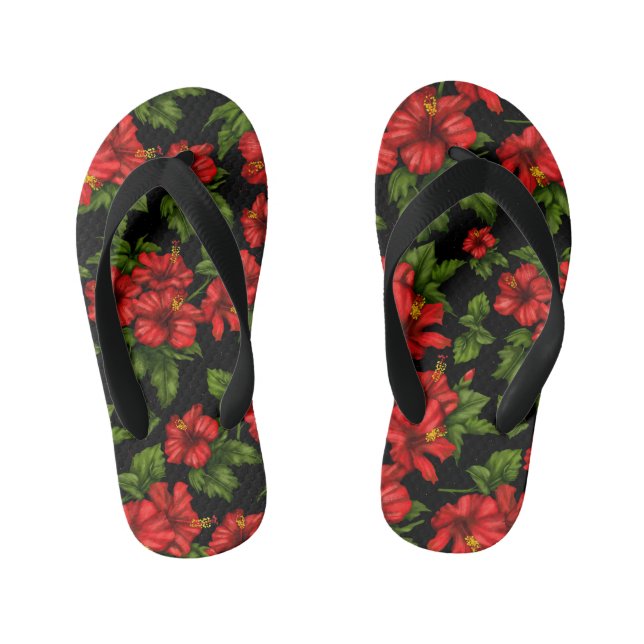 Red flowers on the black background kid's flip flops (Footbed)