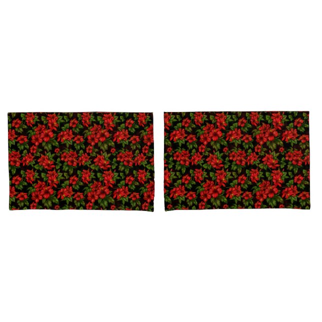 Red flowers on the black background pillowcase (Front-Set)