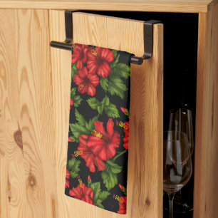 Red flowers on the black background tea towel