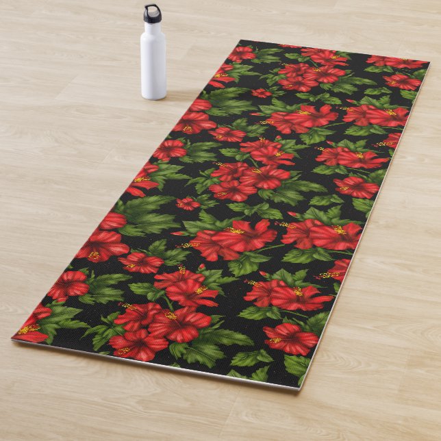 Red flowers on the black background yoga mat (In Situ)