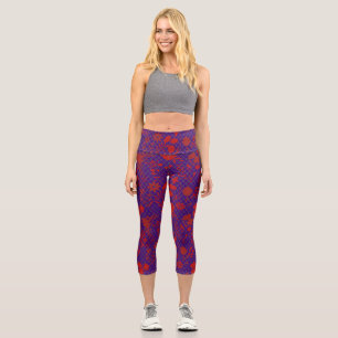 'Red Flowers Outline on Net D Purple BG Capri Leggings
