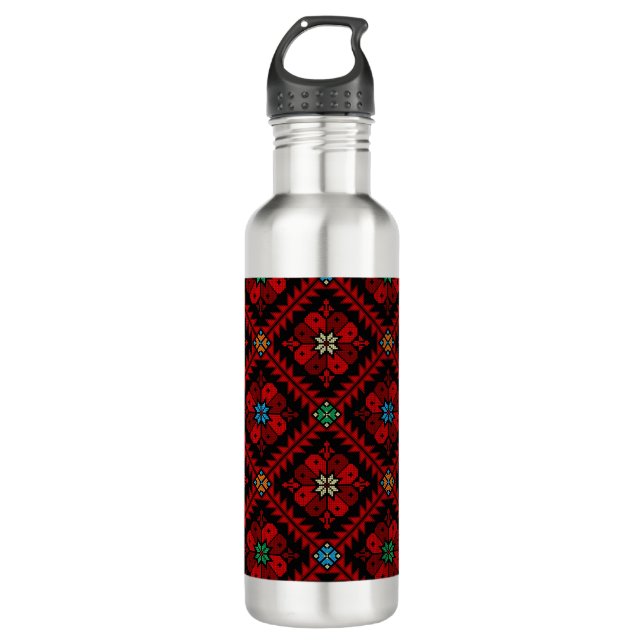 Red flowers Palestine Embroidery tatreez Pattern 710 Ml Water Bottle (Front)
