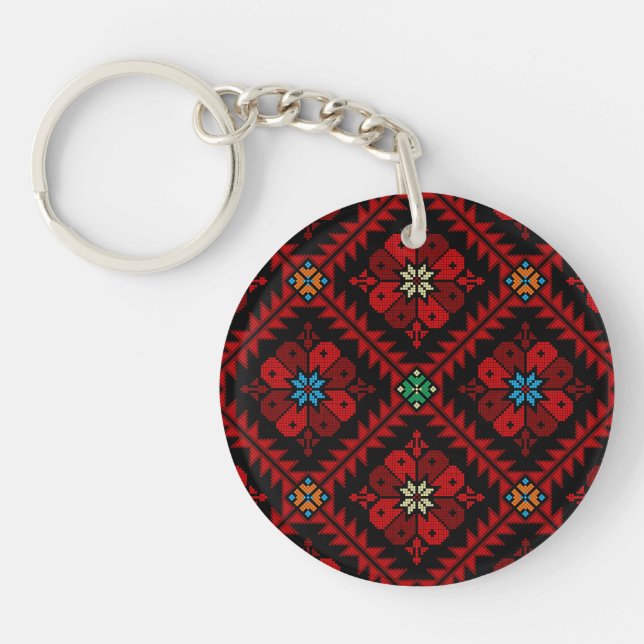 Red flowers Palestine Embroidery tatreez Pattern Key Ring (Front)