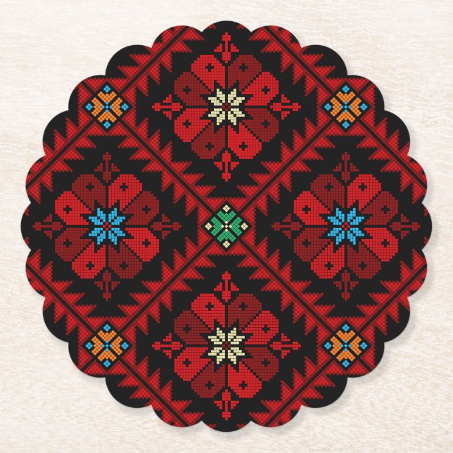 Red flowers Palestine Embroidery tatreez Pattern Paper Coaster (Front)