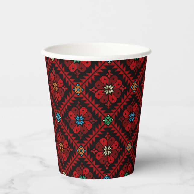 Red flowers Palestine Embroidery tatreez Pattern Paper Cups (Front)