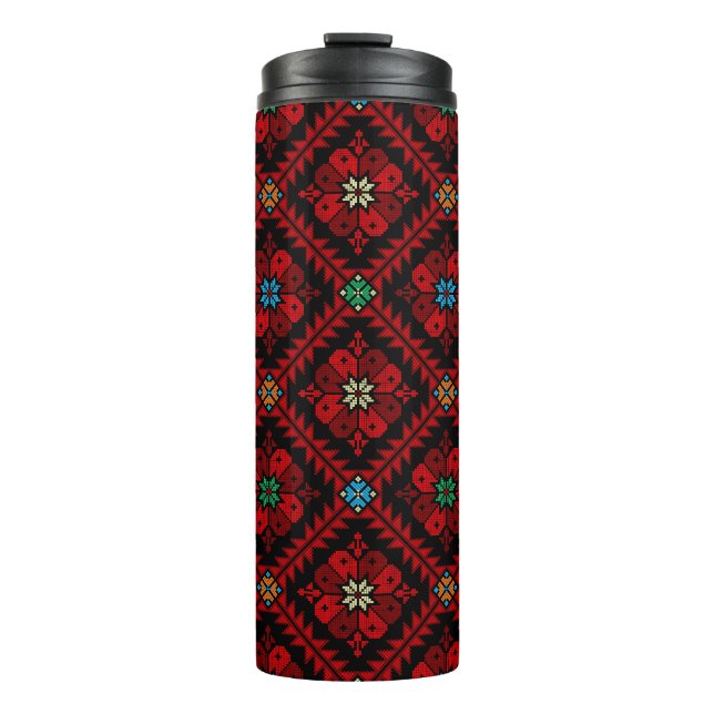 Red flowers Palestine Embroidery tatreez Pattern Thermal Tumbler (Front)