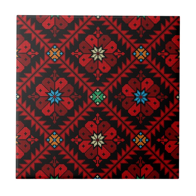 Red flowers Palestine Embroidery tatreez Pattern Tile (Front)