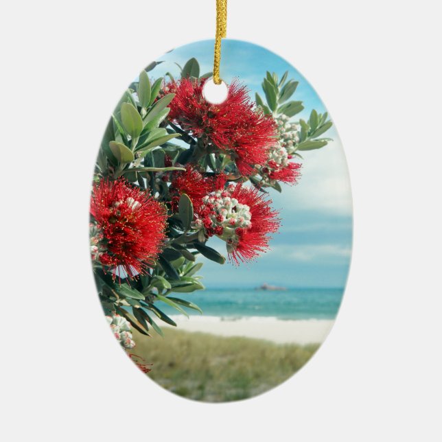 Red flowers paradise beach New Zealand summer Ceramic Tree Decoration (Front)