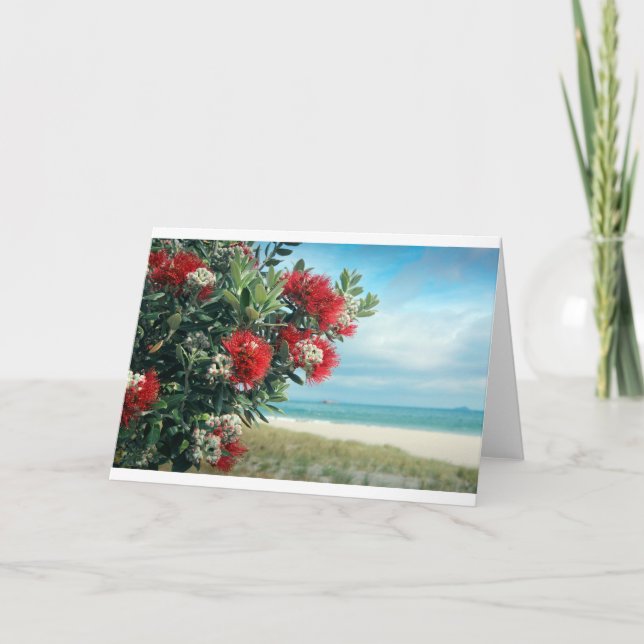 Red flowers paradise beach New Zealand summer Holiday Card (Front)