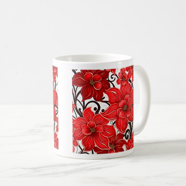 Red Flowers Pattern Classic Mug, 11 oz  Coffee Mug (Front Right)