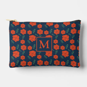Red Flowers Pattern Dark Blue Monogram Accessory Pouch