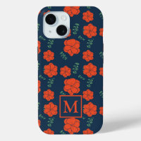 Red Flowers Pattern Dark Blue Monogram