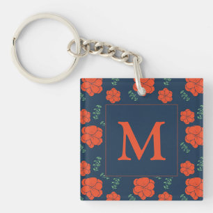 Red Flowers Pattern Dark Blue Monogram Key Ring