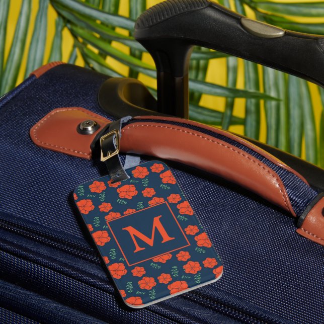 Red Flowers Pattern Dark Blue Monogram Luggage Tag (Front Insitu 1)