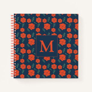 Red Flowers Pattern Dark Blue Monogram Notebook