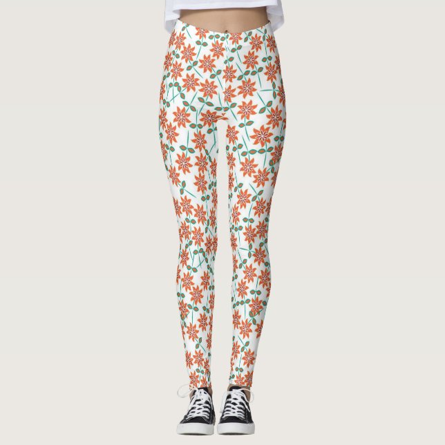 Red Flowers Pattern With White Background-142 Leggings (Front)