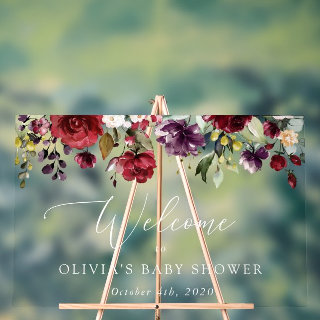 Red Flowers, Pink Flowers, Baby Shower Welcome Acrylic Sign (Neutral)
